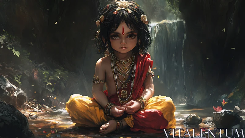 Digital illustration shows adorned child seated before waterfall