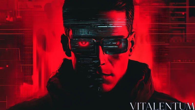 Half-human hacker stares back through glitching neon code veil