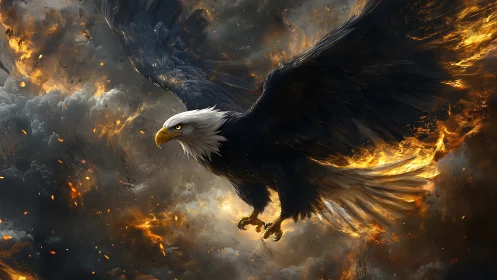 Majestic Bald Eagle Soaring Through Fiery Storm in Digital Art.