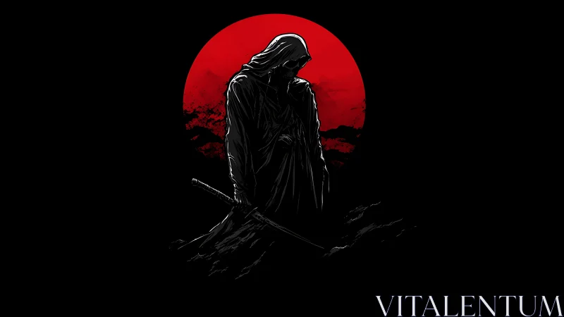 Cloaked swordsman silhouette before saturated crimson moon.
