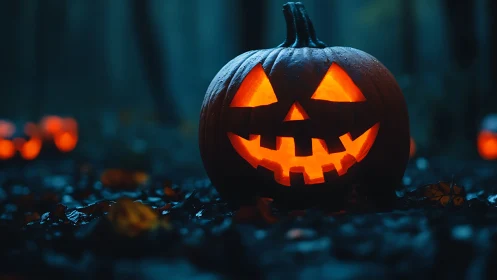 Carved jack-o-lantern glows on wet ground in dark forest