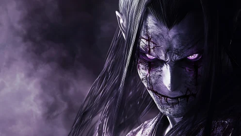 Sinister purple-eyed undead warrior with scarred face