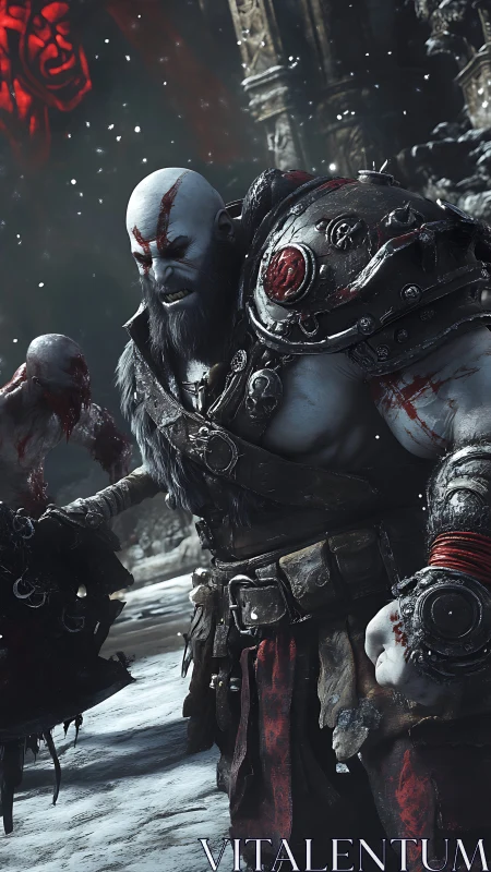 Battle-hardened warrior strides through a harsh snowy ruin