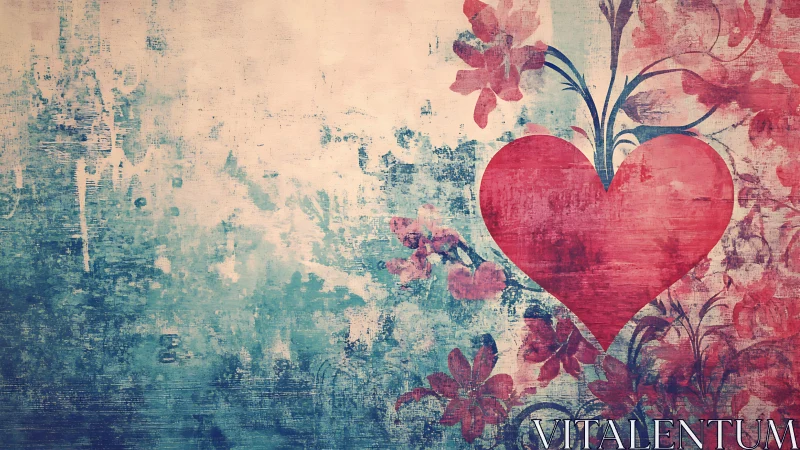 Distressed Heart with Floral Elements on Weathered Surface.