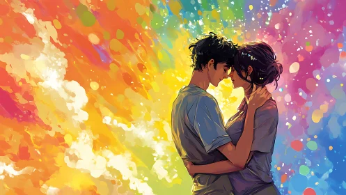 Digital Illustration of Two Figures in Profile with Vibrant Rainbow Gradient Background