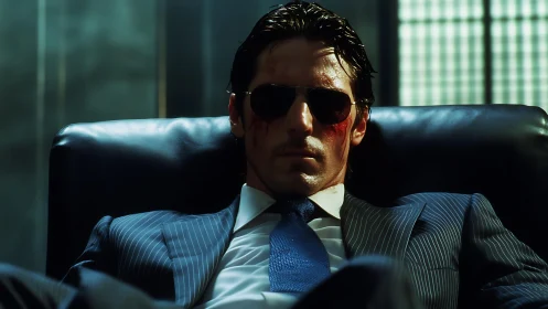 Bruised corporate antihero reclines in stylized neon office.