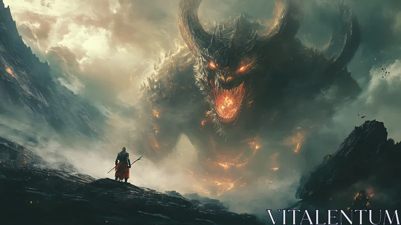 Lone warrior meets a colossal fiery demon in stormy mists
