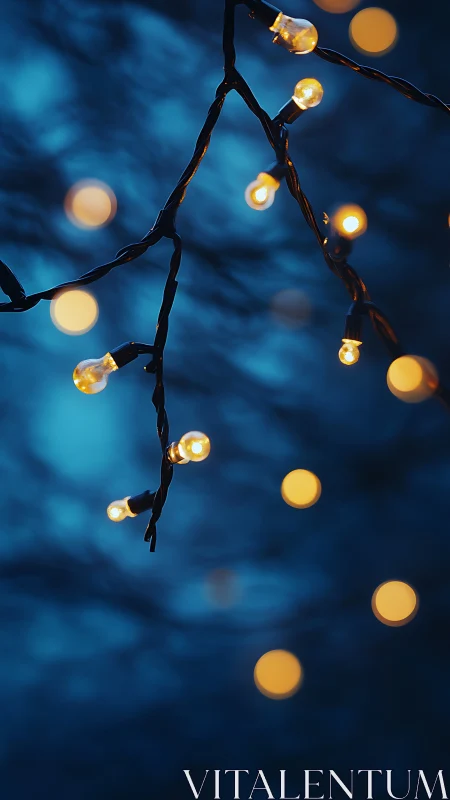 Warm string lights glow gently against deep blue dusk.