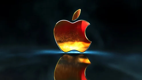Metallic apple-shaped emblem reflects on dark glossy surface