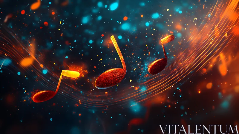 Glowing music notes over abstract neon sound waves.
