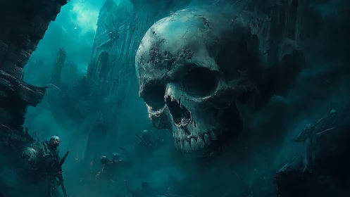 Colossal spectral skull dominates ruined gothic citadel.