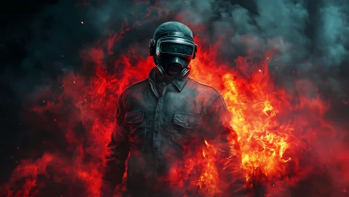 Armored tactical operator in visor helmet emerging from flames