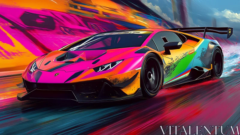 Neon race car illustration with vivid streaked background.