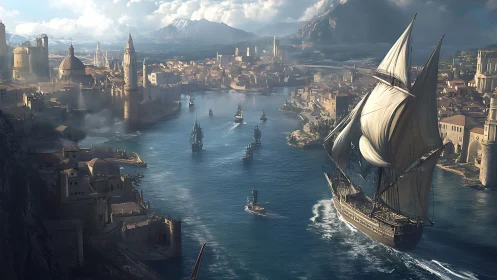 Majestic tall ship sails into a sunlit fantasy harbor city