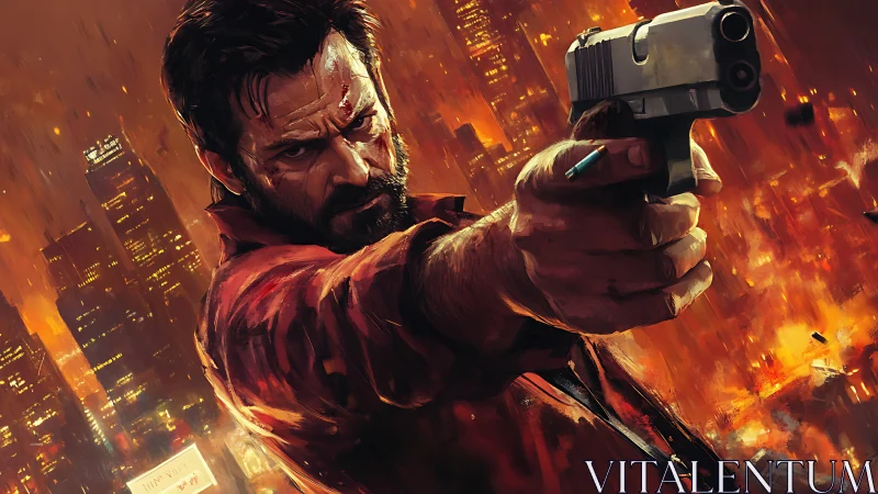 Armed man aims handgun before burning night city skyline