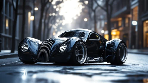 Futuristic black hot rod coupe on empty wet city street.