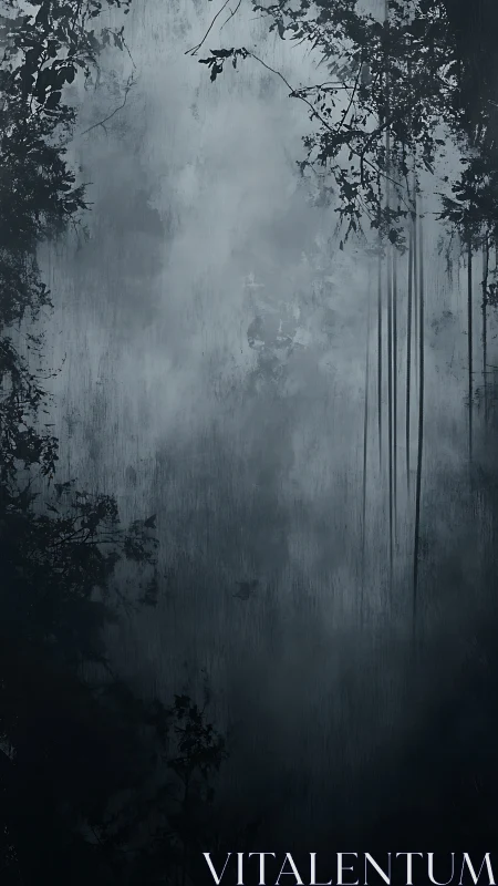 Dense fog fills a dark forest frame with obscured depth