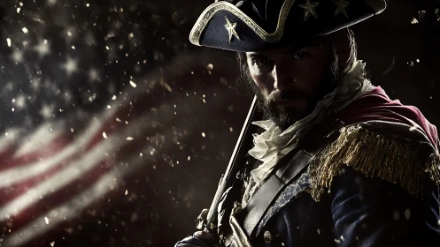 Revolutionary War officer stands before blurred US flag
