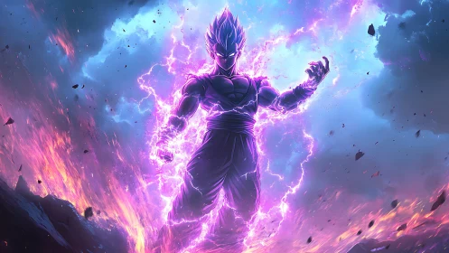 Electrified anime warrior ascends amid cosmic storm energy.