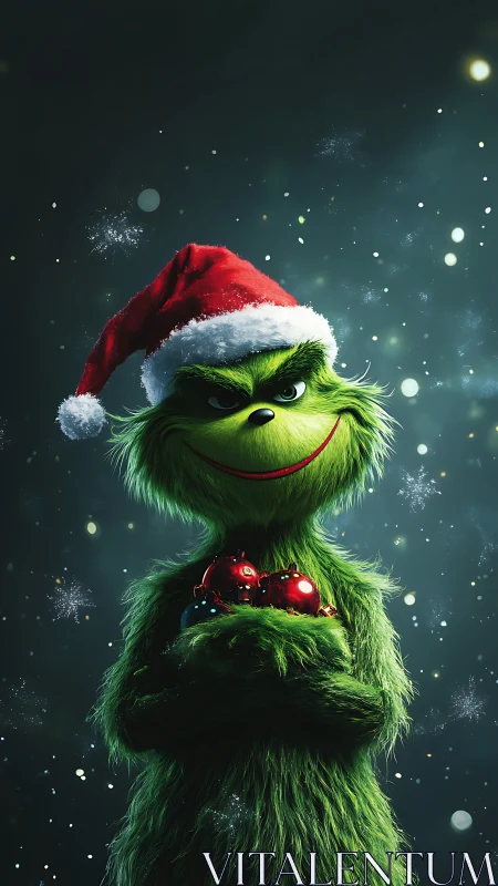 Mischievous green holiday creature smiles in twinkling snow