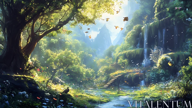 Enchanted Forest Valley with Cascading Waterfall.