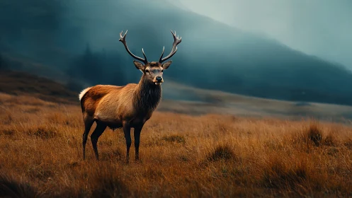 Photorealistic stag portrait in misted alpine grassland field.