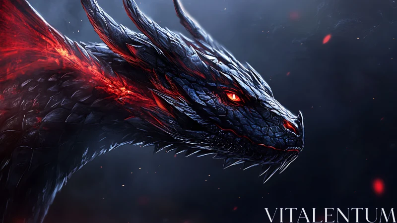 Ember-eyed dragon drifting through midnight embers.