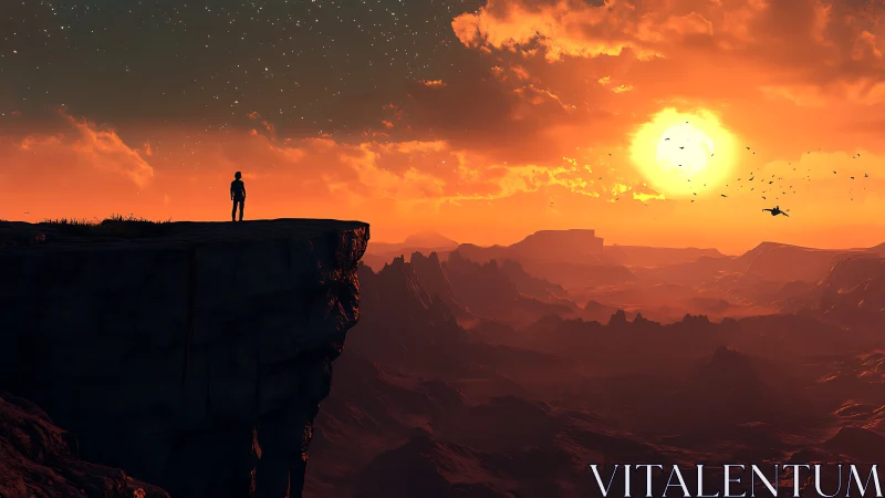 Lone figure on cliff over alien canyon at burning sunset.