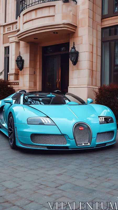 Skyblue hypercar purrs outside sandstone city manor.