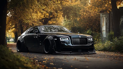 Black luxury coupe parked on tree lined autumn road.