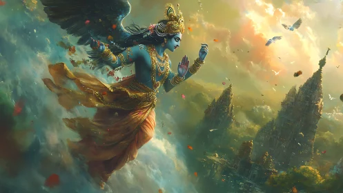 Celestial blue deity soars above misty temples at sunrise