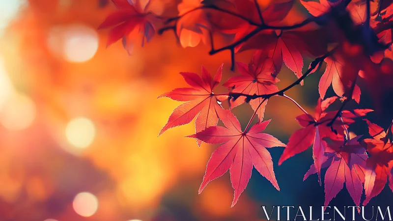 Red maple leaves hang sharply focused against blurred light