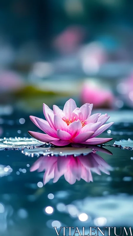 Serene pink water lily blooms in soft reflective light.