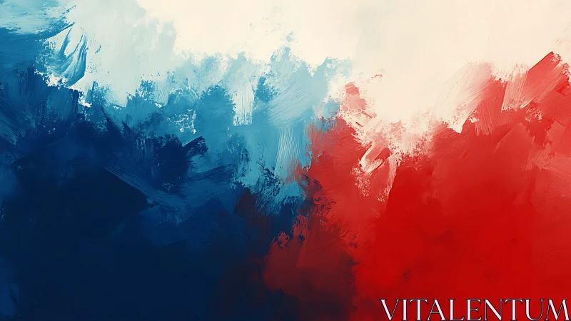 Abstract tricolor brushstroke painting in red, white, and blue.