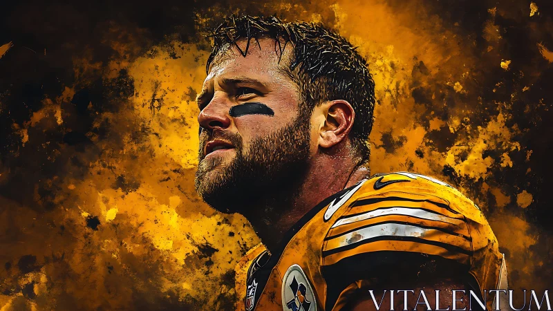 Gritty football hero stands strong in bold golden light.