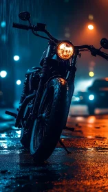 Moody city night ride with a lone motorcycle waiting.