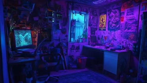 Digital workstation occupies cluttered neon-lit bedroom