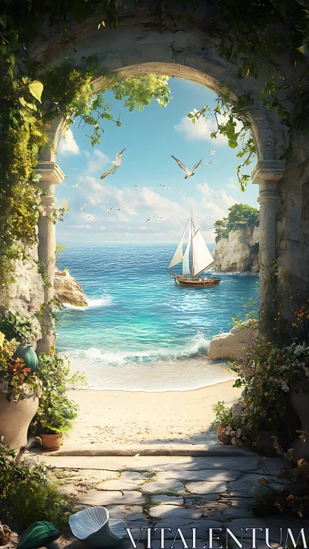 Stone archway quietly frames a sunlit sailboat’s secret cove