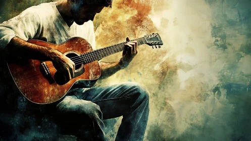 Solitary guitarist leans into warm light and textured color haze