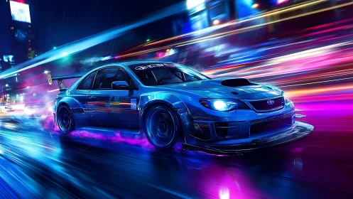 Blue street racer slicing through neon-soaked nightscape.