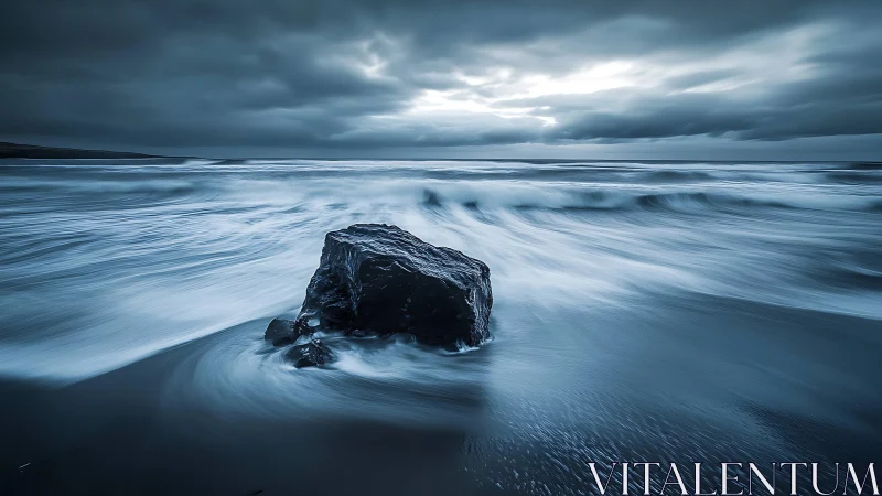 Long exposure seascape with basalt rock and stormy dusk sky