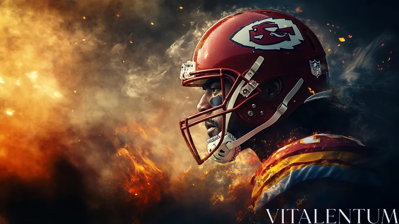 Profile view shows football player in red helmet amid smoke