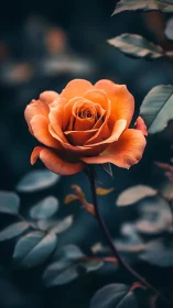 Orange rose bloom with soft-focused foliage background
