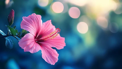 Hibiscus flower with pink petals and stamens against blue bokeh background.