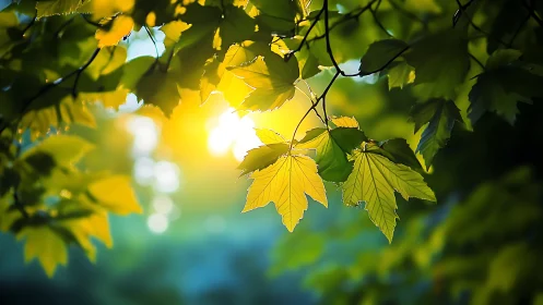 Backlit maple foliage with shallow depth and warm bokeh glow