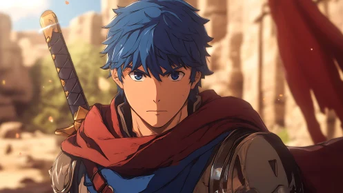 Blue-haired desert swordsman studies silence before battle