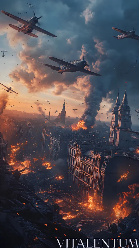 World War II aerial bombardment over burning European cityscape
