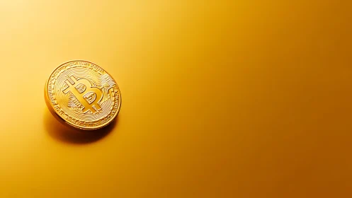 Lone bitcoin coin drifts like a sun across molten gold