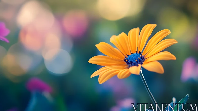 Yellow Daisy with Blue Center in Soft Focus Garden.