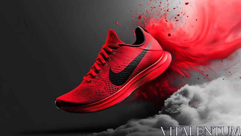 Red running shoe bursts through smoke in dynamic motion